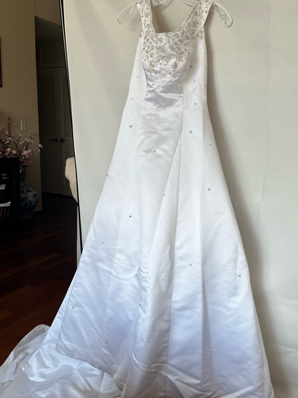 Jasmine White Beaded Satin Bridal Dress With Nude Cups